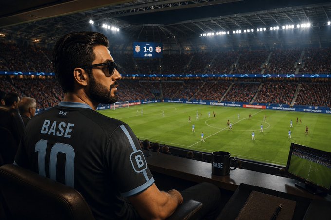 A man wearing a dark jersey labeled "BASE" with the number "10" watches a soccer match from a VIP box, with a scoreboard showing "1-0" and "45:00" above the stadium crowd, alongside a "BASE" branded mug on the ledge. The image ties to the post by symbolizing $BASE as a "fan" or supporter watching from a prime vantage point—much like how the project is observing the crypto space shift toward real-world utility (stablecoins, AI payments, prediction markets) rather than speculative tokens.