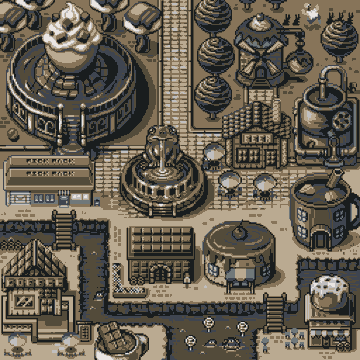 Detailed sepia-toned pixel art map depicting an industrial or steampunk-themed town with various buildings, pipes, and machinery rendered in brown and cream colors.