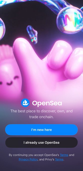 OpenSea onboarding screen with a pink 3D character in the background, displaying the tagline 'The best place to discover, own, and trade onchain' along with 'I'm new here' and 'I already use OpenSea' buttons.