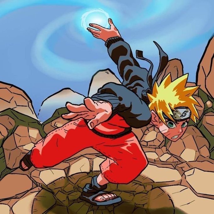An anime character with spiky blonde hair, a headband, and red pants is shown in a dynamic pose, crouching on rocky terrain while forming a glowing blue energy sphere with his hands.