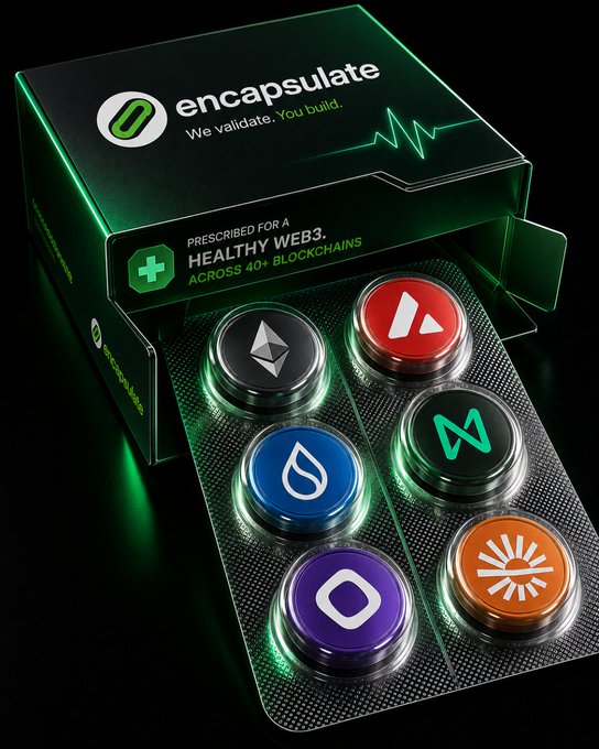 A product mockup for 'encapsulate' with the tagline 'We validate. You build.' styled as a pill box labeled 'Prescribed for a healthy Web3: Across 40+ blockchains,' featuring logos of Ethereum, Avalanche, Sui, Polygon, and Sun.io.