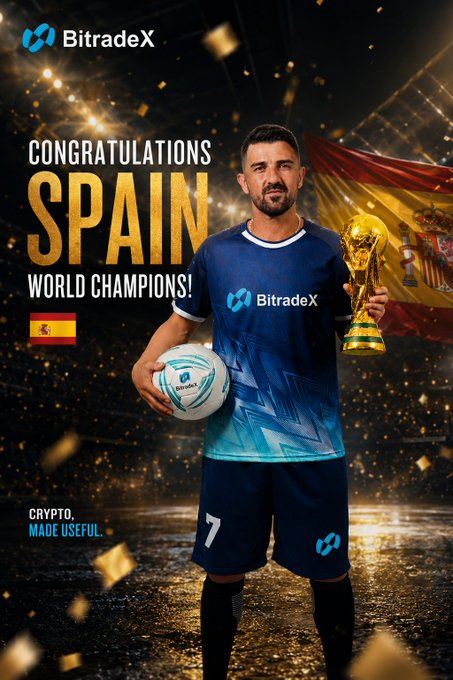 The image features BitradeX Global Brand Ambassador David Villa wearing a branded BitradeX jersey and holding a soccer ball and World Cup trophy, celebrating Spain's championship with "CONGRATULATIONS SPAIN WORLD CHAMPIONS!" text and a Spanish flag displayed prominently alongside BitradeX's "CRYPTO MADE USEFUL" tagline.