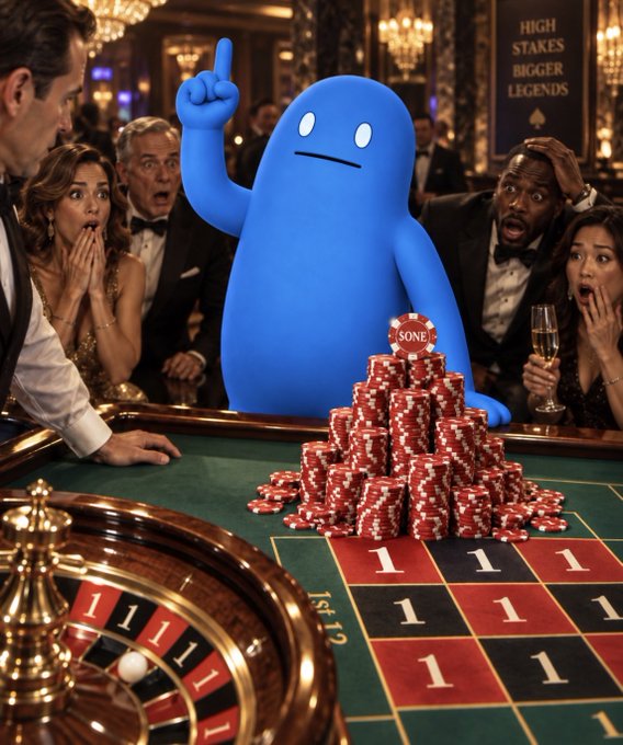 A blue blob-like character with a simple face points upward while surrounded by stacks of red casino chips on a roulette table, as shocked onlookers in formal attire react around it under a sign reading 'HIGH STAKES BIGGER LEGENDS.'