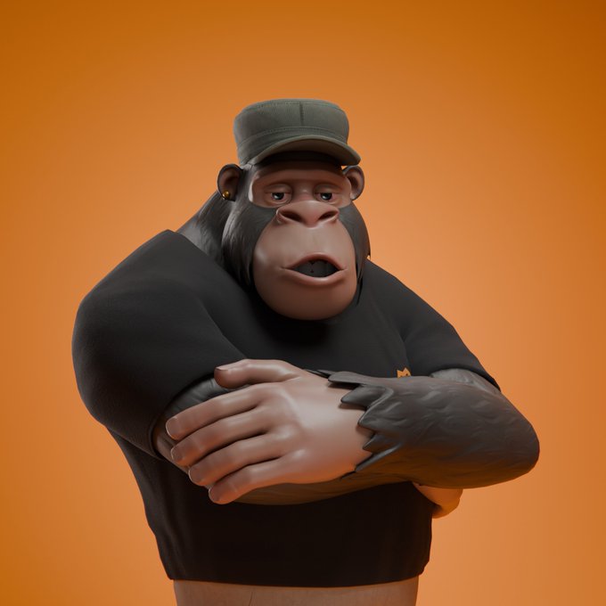 The image features a cartoon monkey with a hat on his head standing against an orange background, arms crossed over each other. The caption provided seems to be related to purchasing or selling of the monkey character. While there might not be any exact description from the caption about what this monkey is, it appears that it has something to do with a sale of some sort involving the cartoon monkey character.