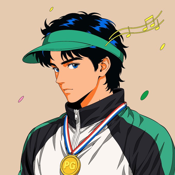 An anime-style illustration of a young man with a green visor wearing a medal engraved with 'PG', accompanied by floating musical notes.
