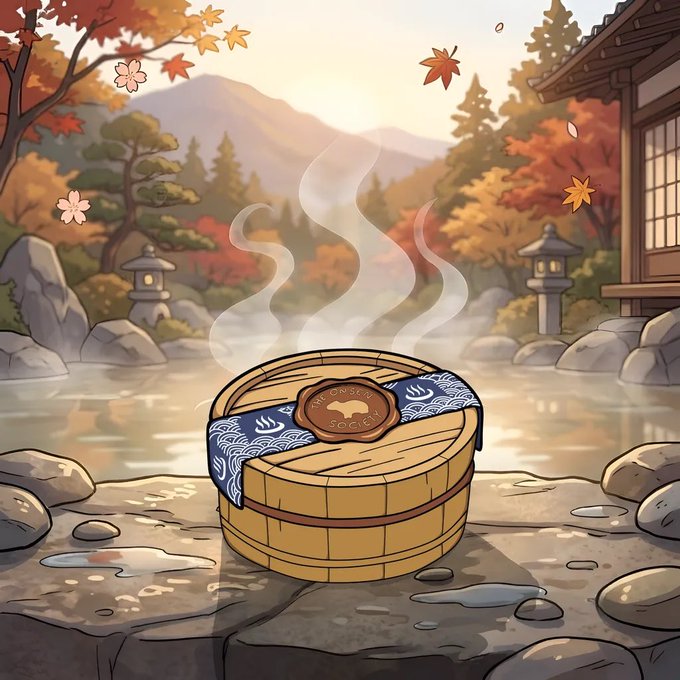 An illustrated scene of a wooden barrel with steam rising from it, sitting in a Japanese hot spring surrounded by autumn foliage and stone lanterns.