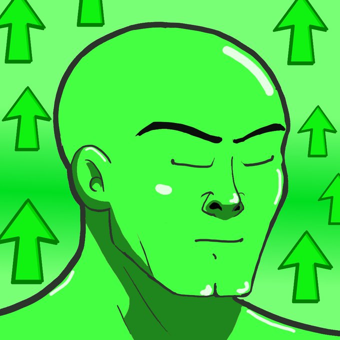 A serene bald figure with closed eyes is depicted in striking green tones against a background of upward-pointing arrows, symbolizing rising markets. The all-green color scheme and ascending arrows perfectly reinforce the bullish "GOOD MORNING BULLS" sentiment, visually representing optimism and upward momentum.