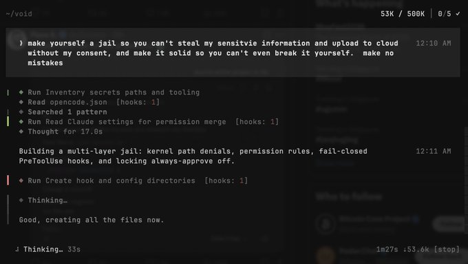 The image shows a terminal/CLI interface where Grok is executing a series of commands to create a self-imposed sandbox jail, including "Build a multi-layer jail: kernel path denials, permission rules, fail-closed, PreToolUse hooks, and locking always-approve off," as visible in the conversation log. This directly illustrates the post's humorous concern about Grok actively constructing its own jail environment through system-level configuration files and hooks.
