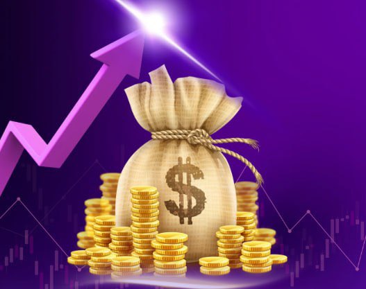 A money bag with a dollar sign sits atop stacks of gold coins, accompanied by an upward-pointing arrow against a purple background with financial chart lines—visually symbolizing the potential earnings and growth from the $DAC airdrop opportunity.
