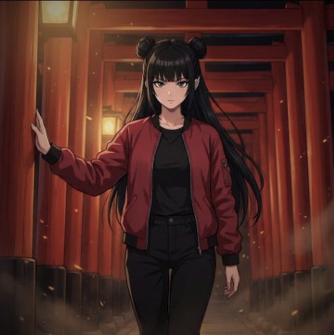 An anime-style illustration of a girl with long black hair in space buns, wearing a red bomber jacket and black clothes, standing in a corridor with red pillars.