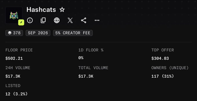 A dashboard for the "Hashcats" NFT collection displays a floor price of $502.21, aligning with the post's excitement about the $502 milestone. Other visible stats include 24H volume of $17.3K, 117 unique owners (31%), and a top offer of $304.83, with the collection noted as launching in September 2026 with a 5% creator fee.