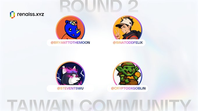 The image features a poster for an event called "Rounds 2" with four different cartoon characters representing people from Taiwan's gaming community. The characters include a blue cat, a green frog, a red bird, and a brown dog. Each character is wearing a hat or mask that matches their respective colors. The poster also includes text that reads "@renaissxyz #Rounds 2" and "#RVA".