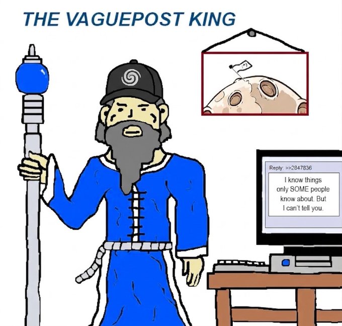 A meme titled 'THE VAGUEPOST K' with a cartoon bearded character holding a staff, depicted giving a non-committal reply: 'I know things only SOME people know about. But I can't tell you.'