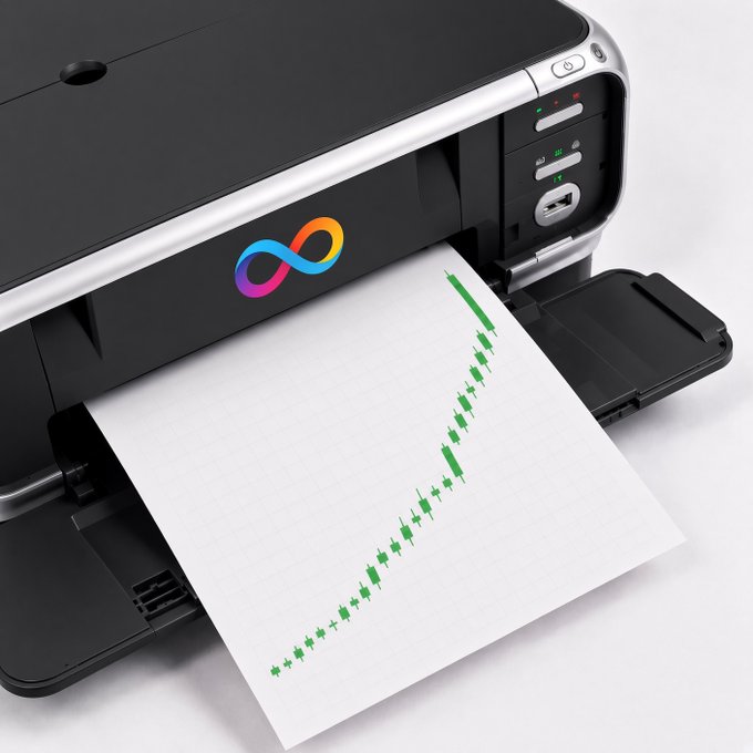 A sleek black printer with an infinity-loop logo is shown printing a chart with a rising green trendline, symbolizing a bullish move for $ICP and aligning with the post's "What are we printing today?" message of profit gains.