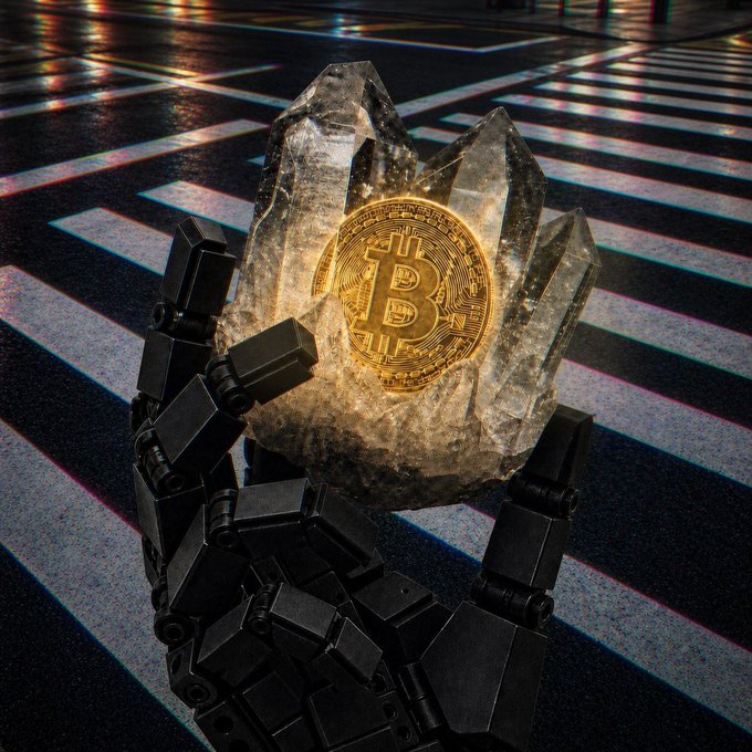A robotic hand cradles a clear quartz crystal containing a glowing Bitcoin coin, set against a neon-lit crosswalk at night—reinforcing the "₿elieve" theme of holding faith in cryptocurrency like a precious, irreplaceable artifact.
