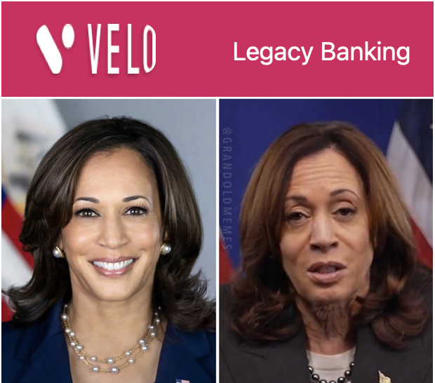 A side-by-side comparison image with a Velo logo and "Legacy Banking" text, contrasting two photos: a younger smiling woman with dark hair on the left, and an older woman with reddish-brown hair on the right (watermarked "GRAND.OLD.IMAGES").