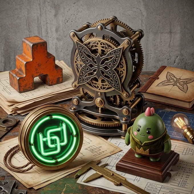 A steampunk-style scene featuring ornate brass gears, a glowing green neon emblem, technical drawings, and a small green figure with a pink bow on a wooden pedestal.