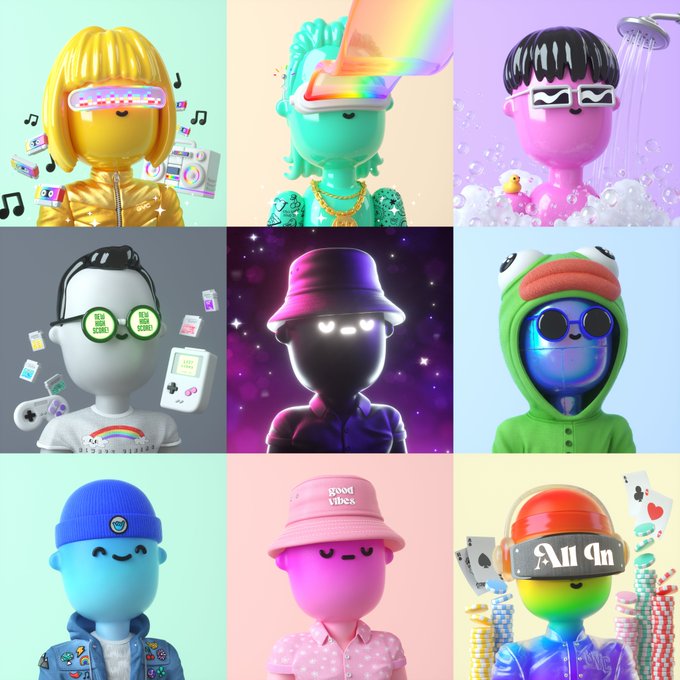 A 3x3 grid of colorful 3D-rendered character avatars, each wearing different accessories like sunglasses, a pink 'good vibes' bucket hat, a rainbow visor, and a gamer helmet labeled 'All In,' in a playful toy-like style.