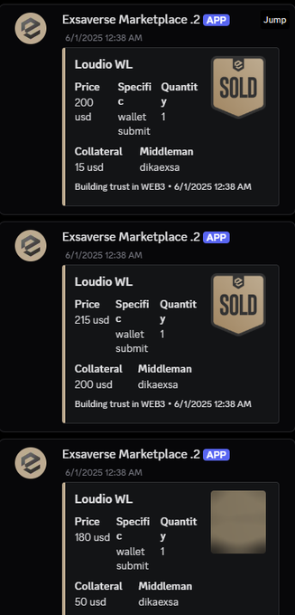 A screenshot of three Discord messages from the Exsaverse Marketplace bot showing Loudio WL (Whitelist) sales priced at 200, 215, and 180 USD, with middleman dikaexsa and "SOLD" badges on two listings—context for the post about Loudio launching a new AGNTS PFP collection.