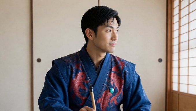 A man wearing a blue and red patterned kimono-style garment sits in a traditional Japanese room with shoji screens.