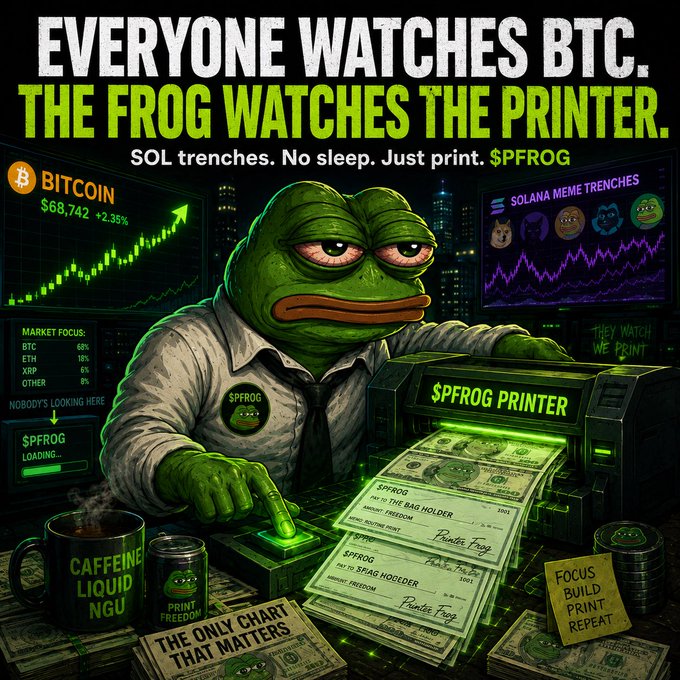 The image features a cartoon frog sitting at a printer, with a person standing over the printer pressing the "print" button. The scene includes various elements related to Bitcoin, such as a cup labeled "Bitcoin Liquidity", a cup labeled "Solana Memecoin", and a cup labeled "Telegram". There are also several other cups scattered around the image, possibly representing different aspects of cryptocurrency or blockchain technology.
