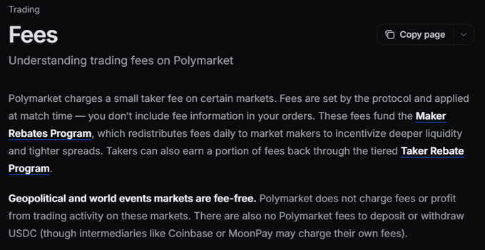 A screenshot of a documentation page titled 'Trading Fees' explaining that Polymarket charges small taker fees that fund the Maker Rebates Program, with geopolitical and world events markets being fee-free.