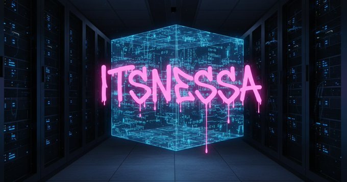 irtnesa's name is written in pink neon letters against a black background, with the word "It" appearing as a glowing blue cube.