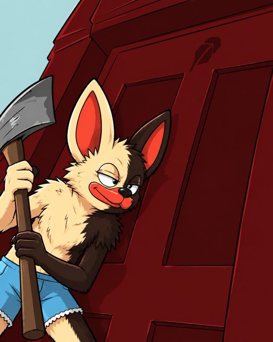 An illustrated anthropomorphic German Shepherd dog character wearing blue shorts holds a hatchet and smirks mischievously while standing against a red door.