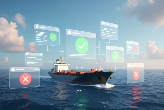 A cargo ship sailing on the ocean surrounded by floating digital interface windows displaying checkmarks and X marks, suggesting a process of verification or approval.