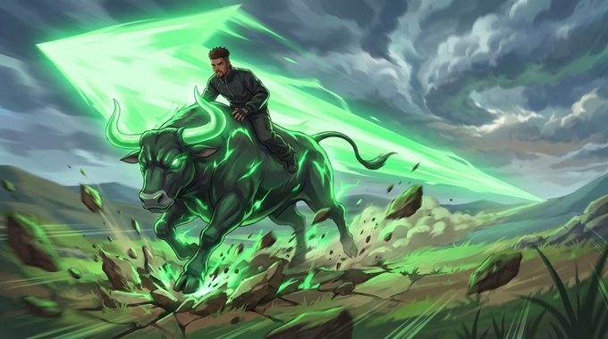 Fantasy artwork of a man riding a glowing green bull with a large green crystalline structure, charging across a rocky landscape.