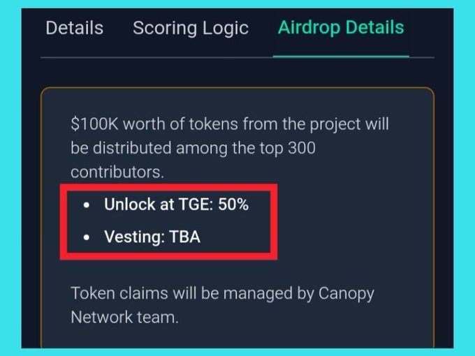 A summary of the information presented can be found below a bulleted list: 
- "Airdrop Details" section indicates $100K worth of tokens will be distributed among the top 300 contributors (based on scoring logic)