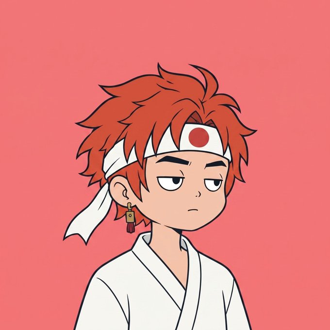 A digital illustration of an anime-style character with red hair wearing a white karate gi and a white headband with a red circle (Japanese flag), displaying a serious expression against a red background.