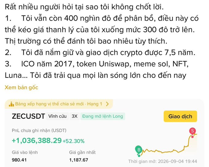 A Vietnamese-language social media post lists reasons for not taking profits, mentioning holding 400k in assets, 7.5 years of crypto trading experience, and surviving waves including the 2017 ICO, Uniswap, meme sol, NFT, and Luna; below is a trading screenshot of ZECUSDT perpetual long showing a PnL of +1,036,388.29 USDT (+52.30%).