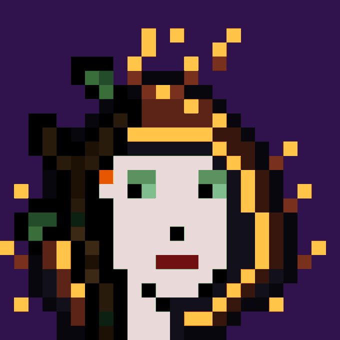 A pixel art portrait of a pale-skinned figure with green eyes and a golden, crown-like structure around their head, set against a dark purple background.