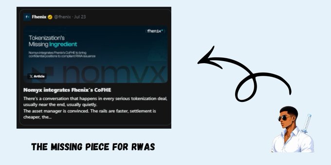 A promotional graphic showing a tweet about 'Fhenix' and 'CoFHE', with the text 'THE MISSING PIECE FOR RWAS' and a stylized male figure.