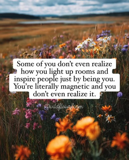 An inspirational quote over a wildflower meadow background reading 'Some of you don't even realize how you light up rooms and inspire people just by being you. You're literally magnetic and you don't even realize it.' credited to @wildflawrfarm.