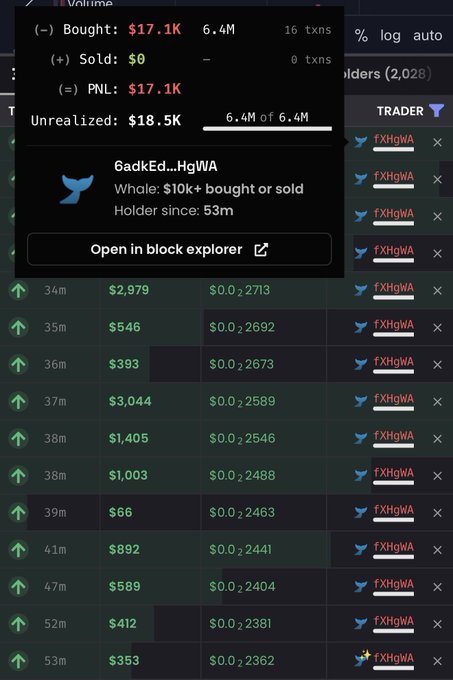 The image shows a trading interface with a pop-up profile for a wallet "6adkEd...HgWA" displaying $17.1K bought, $18.5K unrealized PNL, and 16 transactions over the past 53 minutes (34m to 53m), correlating with the post claiming this fresh wallet aped $17.1k of $DREGG.