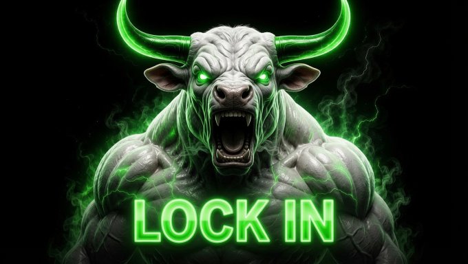 A muscular white bull with glowing green horns, eyes, and energy radiating around it roars aggressively, accompanied by the bold neon green text "LOCK IN" against a black background. The fierce, intense imagery matches the post's tone about the memecoin $LEVI, conveying urgency and unwavering focus as a call to commit fully to the opportunity.