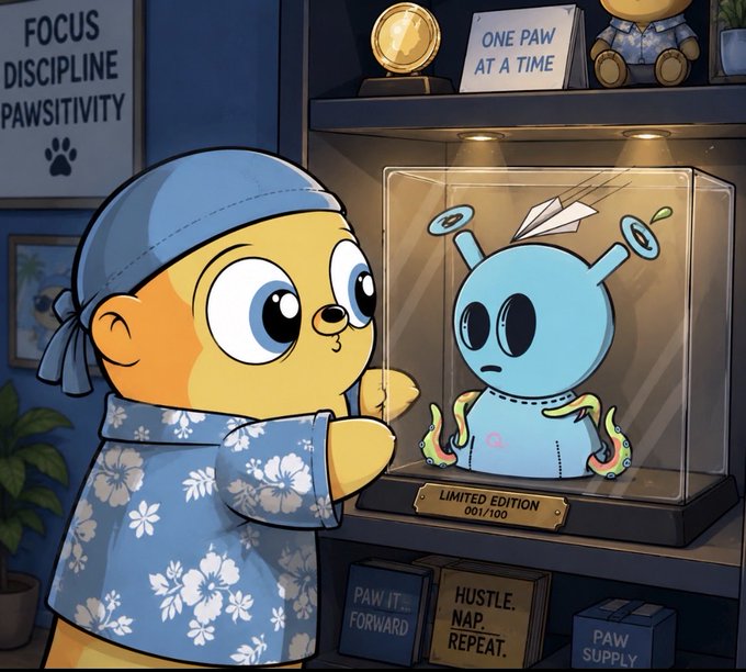 An animated cartoon bear wearing a blue bandana and floral shirt admires a limited edition "001/100" blue plush toy displayed in a glass case, surrounded by motivational signs reading "FOCUS DISCIPLINE PAWSITIVITY" and "ONE PAW AT A TIME."
