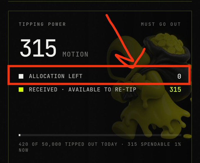 Digital interface showing 'TIPPING POWER 315 MOTION' with a red arrow pointing to 'ALLOCATION LEFT' which shows 0, alongside 'RECEIVED - AVAILABLE TO RE-TIP' showing 315.