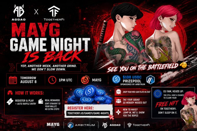 Promotional graphic for 'MAYG Game Night is Back' featuring AdDao and TogetherFi logos, scheduled for Tomorrow August 8 at 1PM UTC, with a $100 USDC prize pool sponsored by Arbitrum.