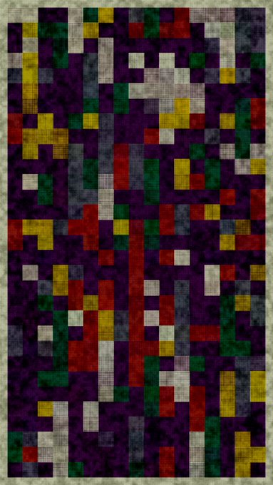 A pixelated, abstract digital artwork featuring a grid of small squares in various colors including purple, yellow, red, green, and white.
