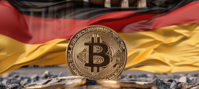 A gold Bitcoin coin displayed against the black, red, and gold tricolor of the German flag, suggesting a connection between Bitcoin and Germany.