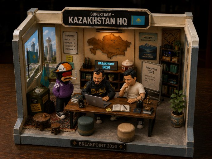 A detailed diorama titled "SUPERTEAM KAZAKHSTAN HQ" with a "BREAKPOINT 2026" base plate, depicting three figurines gathered around a laptop and whiteboard marked "BREAKPOINT 2026 ROADMAP," alongside a Kazakhstan flag and map, visually representing the Kazakhstan Superteam preparing for the upcoming Solana Ecosystem Call at Breakpoint 2026.