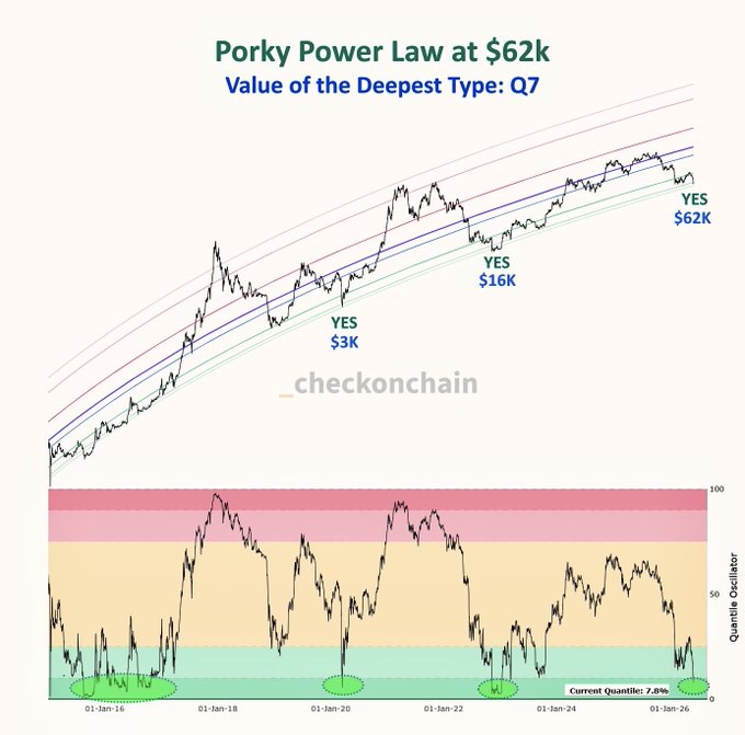 The image shows a chart tracking the value of Bitcoin over time as a Bitcoin. In the top portion of the chart, there is a line showing the price in Bitcoins at $62k against the value of each transaction in Bitcoins that have gone through for transactions worth $6k or lower. The green bar below this chart reflects that only 7% of transactions are lesser than $6k. The image also includes text which provides context to the content, such as "Just 7% of days lower on the Porkopolis power law at $62k bitcoin".