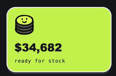 A graphic on a lime-green background shows a smiling coin stack icon above the bold text "$34,682" and "ready for stock," representing the accrued funds mentioned in the post that are prepared to be distributed by @btcordinal for more RWA giveaways of stocks like NVDA, SPCX, and MSFT.