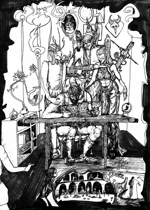 A dense black ink drawing depicts a chaotic, ritualistic scene featuring horned figures, ethereal beings, and shadowy silhouettes gathered around a central table, with an arched underworld or dreamscape depicted below. The accompanying post categorizes this piece as "Codex of Silent Architects," a 1/1 visionary dark fantasy artwork drawing on surrealism, mythology, and automatic drawing traditions, priced at 260 XTZ.