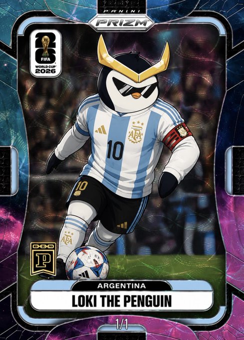 A Panini Prizm FIFA World Cup 2026 digital trading card featuring "Loki the Penguin" in an Argentina national team jersey (#10) with a galactic purple cosmic background, marked as a 1/1 limited edition collectible. The card creatively blends sports memorabilia with a Gm (good morning) NFT theme, presenting the mascot as a star footballer in a galaxy-themed collectible card format.