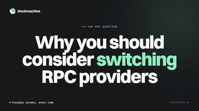 A dark promotional graphic from 'blockmachine' with the headline 'THE RPC QUESTION: Why you should consider switching RPC providers', with the word 'switching' highlighted in teal.