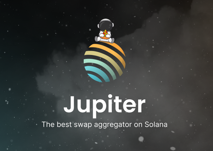 The image features a logo with a cartoon character, likely an astronaut or a space creature, sitting atop a planet. The text "JUPITER" is written above the character's head, while "the best swap aggregator on Solana" is below the character. The background of the image is dark blue and filled with stars, creating a sense of depth and emphasizing the celestial theme. The post also mentions that the website has been around for less than 5 years and has grown to become a DeFi bank for the world.